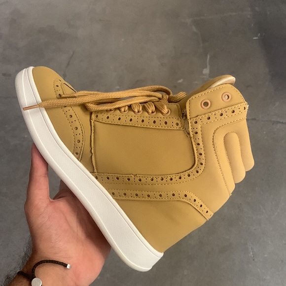 Women’s Lace Up Wedge High Heel Sneaker in Beige Faux Suede and Rubber Sole - Picture 5 of 8